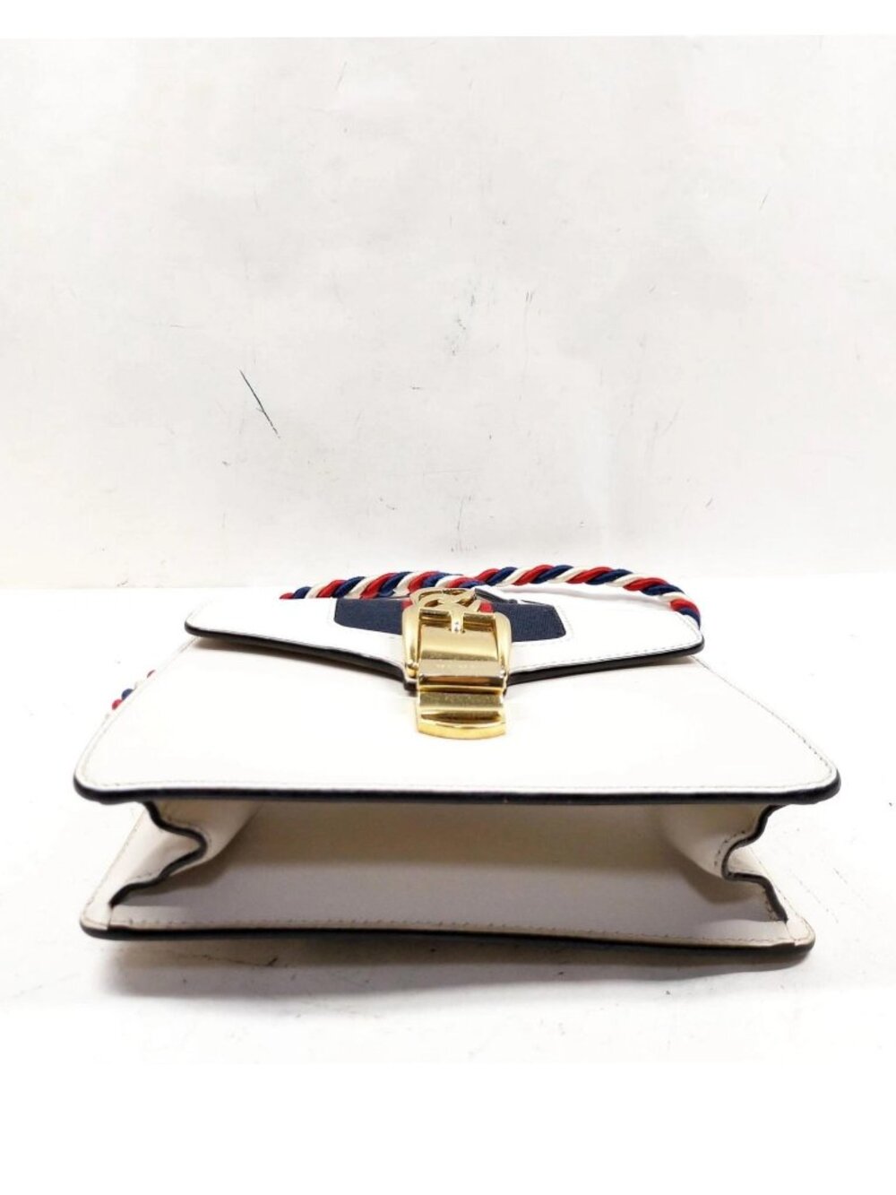 Authentic Gucci Sylvie Mini Top Handle White Leather Web Stripe Chain Crossbody - Picture 6 of 16